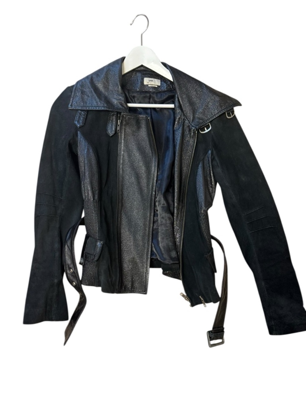Women’s June Black Mixed-Media Leather Moto Jacket with Belt